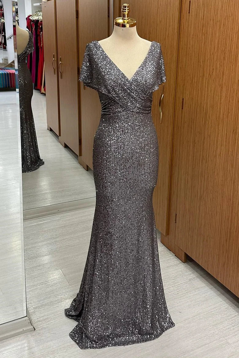 Gray Sequin Surplice Neck Open Back Mermaid Floor Length Mother of the Bride Dress
