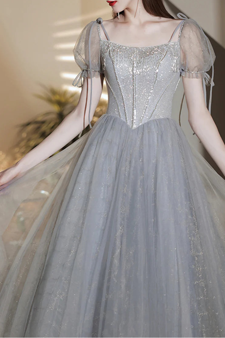 Gray Tulle Beaded Tassel Short Sleeves Lace Up Tea Length Prom Dress A-Line Homecoming Dress