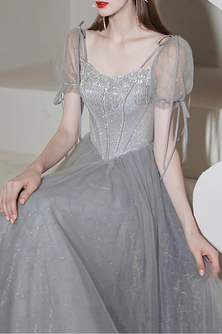 Gray Tulle Beaded Tassel Short Sleeves Lace Up Tea Length Prom Dress A-Line Homecoming Dress