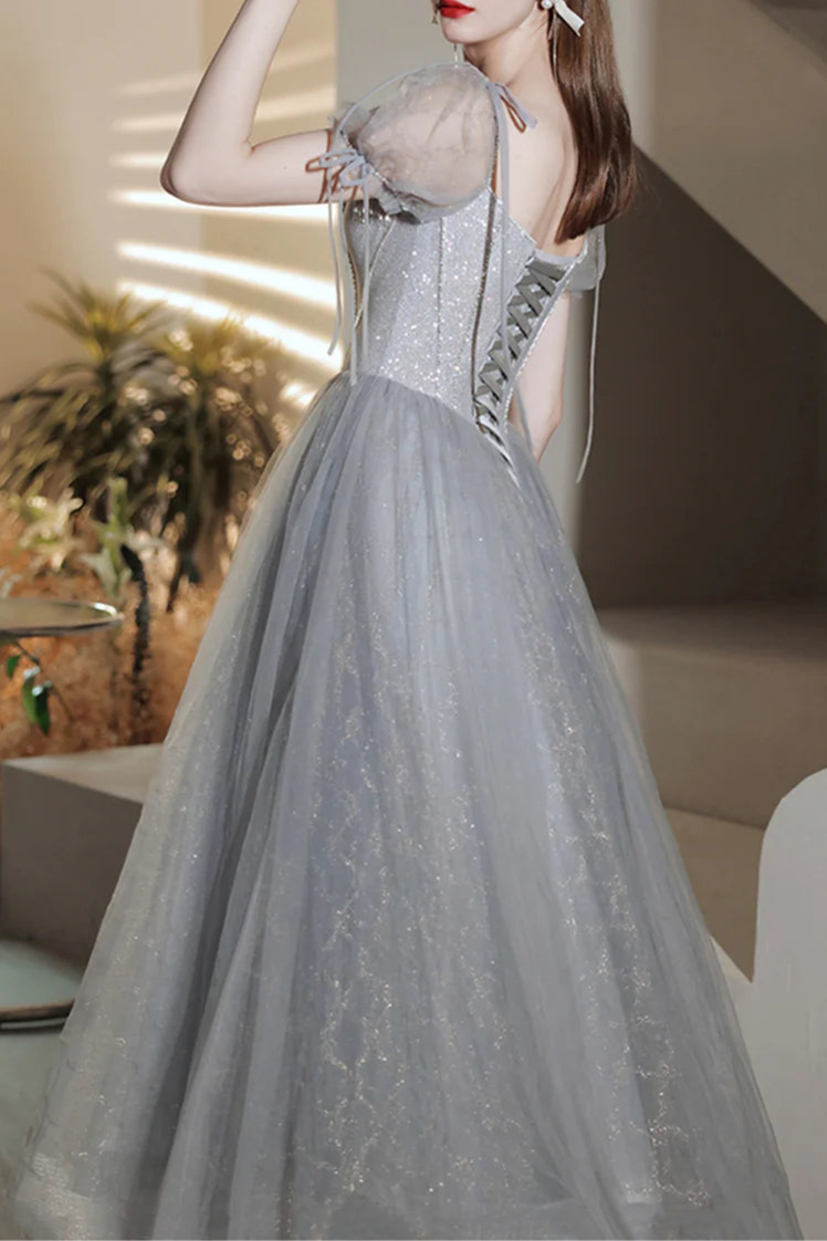 Gray Tulle Beaded Tassel Short Sleeves Lace Up Tea Length Prom Dress A-Line Homecoming Dress