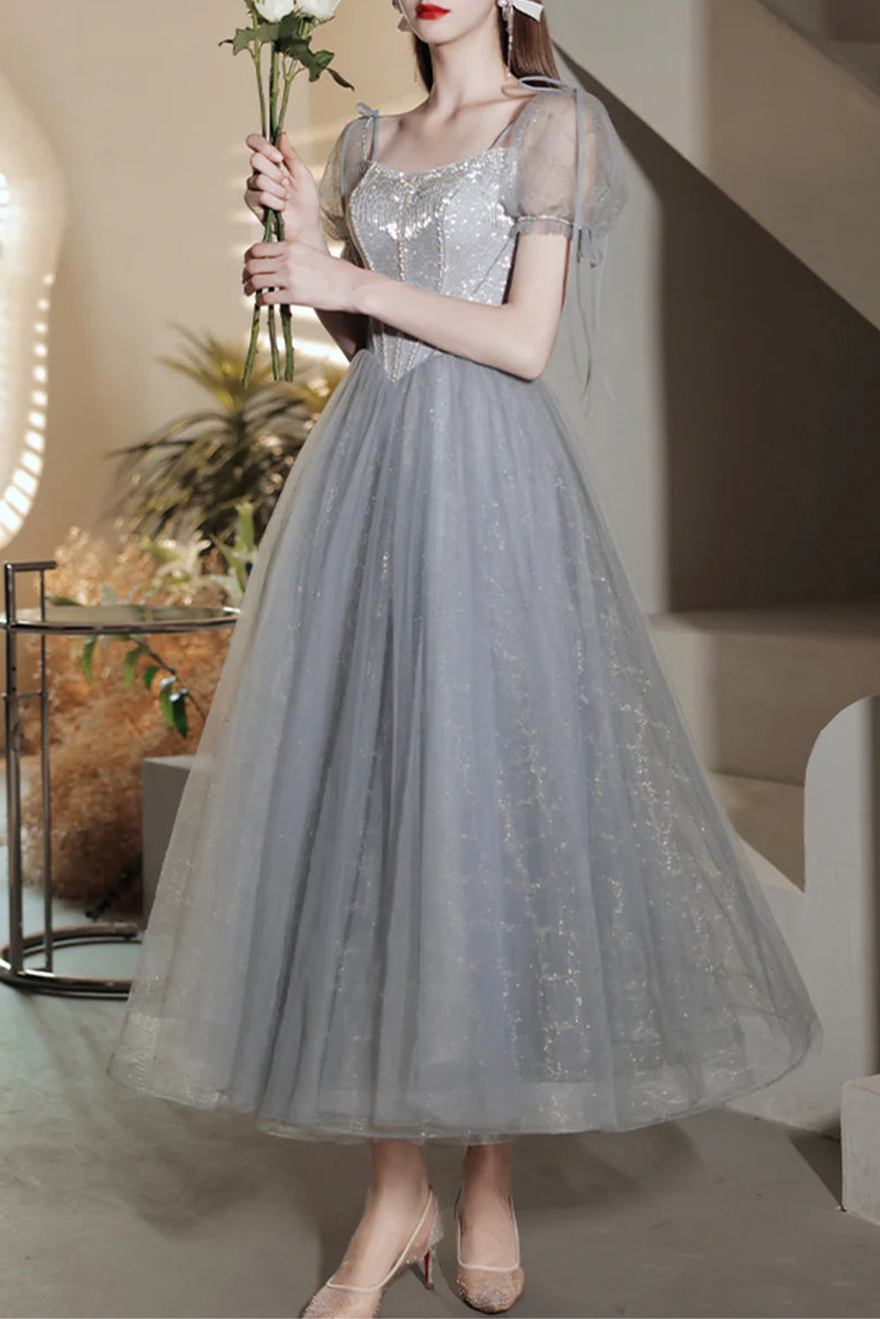 Gray Tulle Beaded Tassel Short Sleeves Lace Up Tea Length Prom Dress A-Line Homecoming Dress