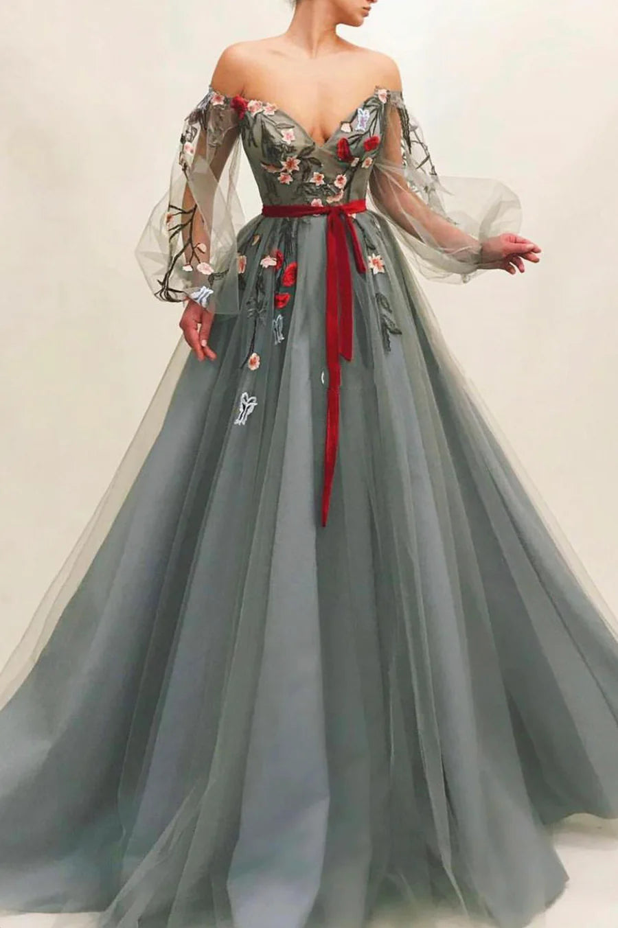 Gray Tulle Floral Lace Sleeve A-Line Long Prom Dress Evening Party Dress