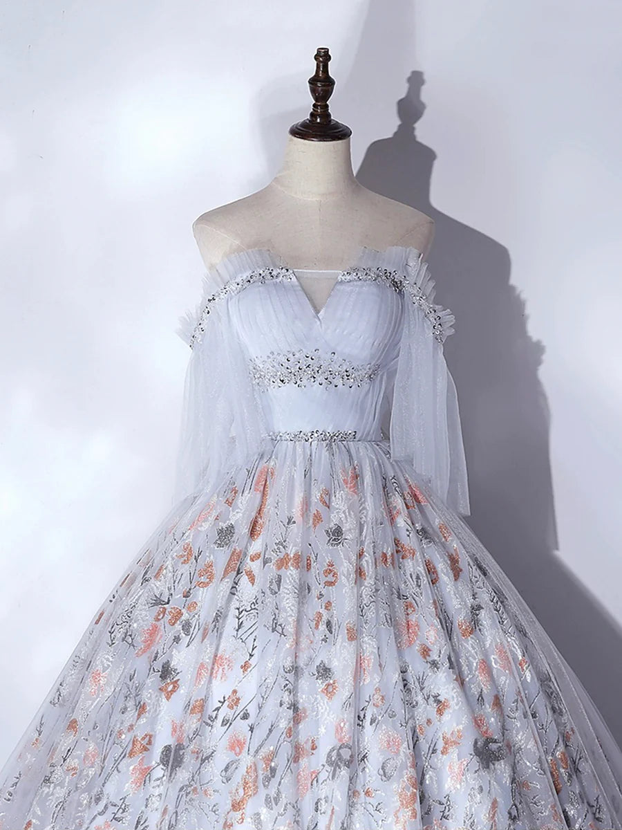 Gray Tulle Floral and Applique Corset A-Line Long Prom Dress Evening Party Dress
