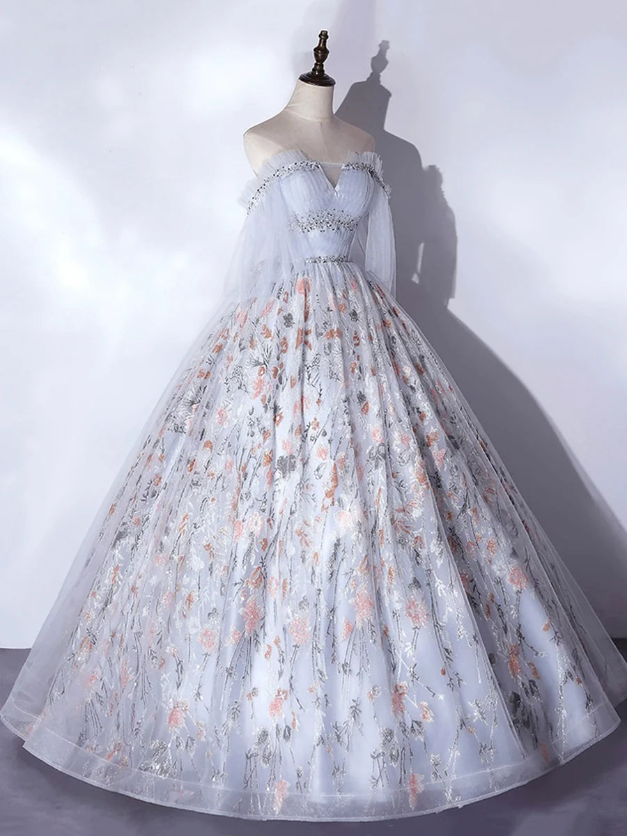 Gray Tulle Floral and Applique Corset A-Line Long Prom Dress Evening Party Dress