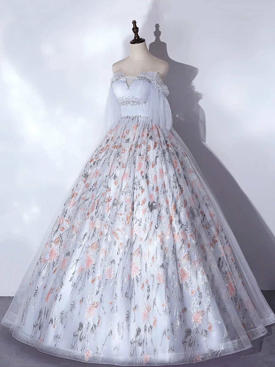 Gray Tulle Floral and Applique Corset A-Line Long Prom Dress Evening Party Dress