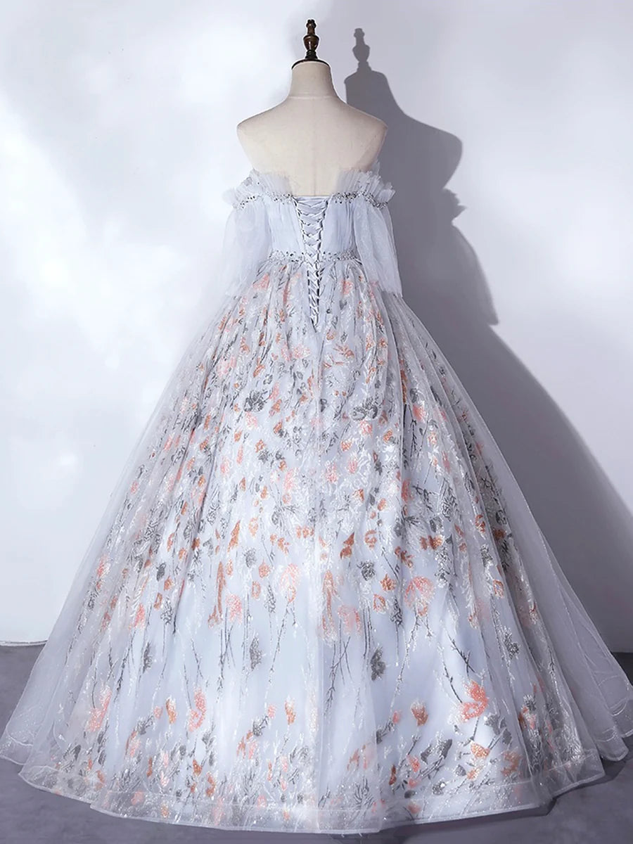 Gray Tulle Floral and Applique Corset A-Line Long Prom Dress Evening Party Dress