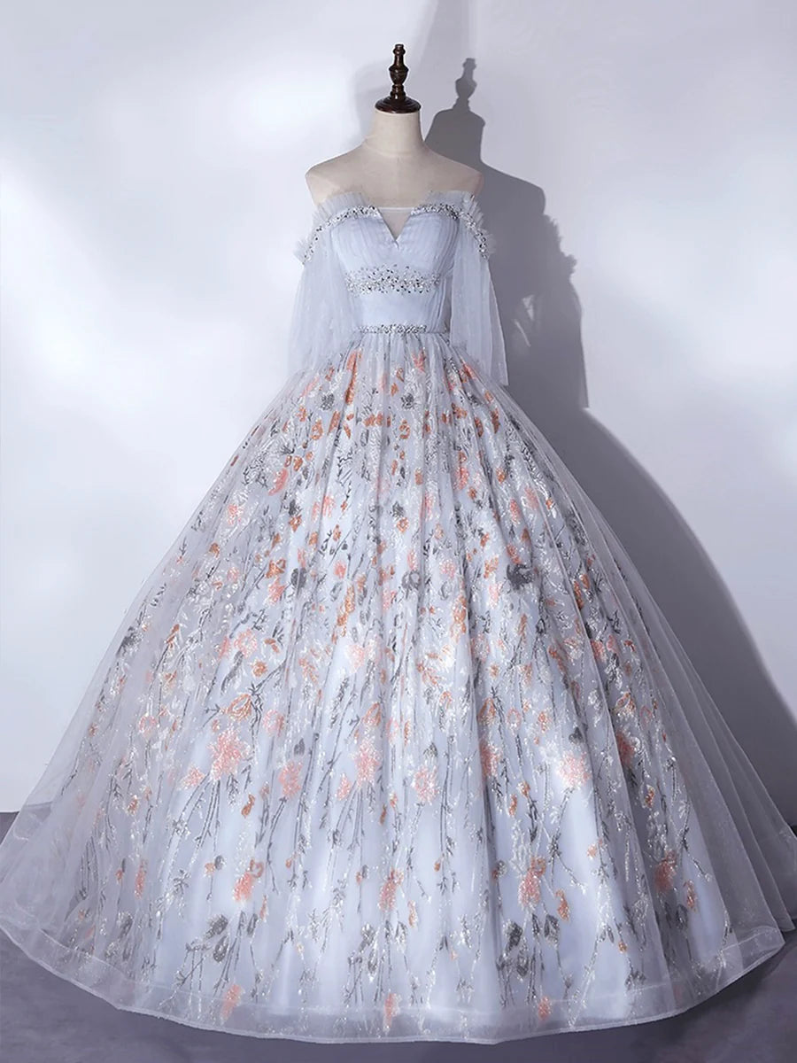 Gray Tulle Floral and Applique Corset A-Line Long Prom Dress Evening Party Dress