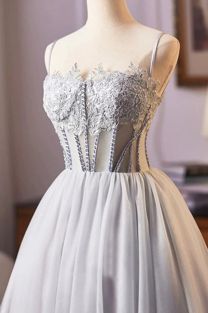 Gray Tulle Lace Spaghetti Straps Short Prom Dress A-Line Evening Party Dress With Applique