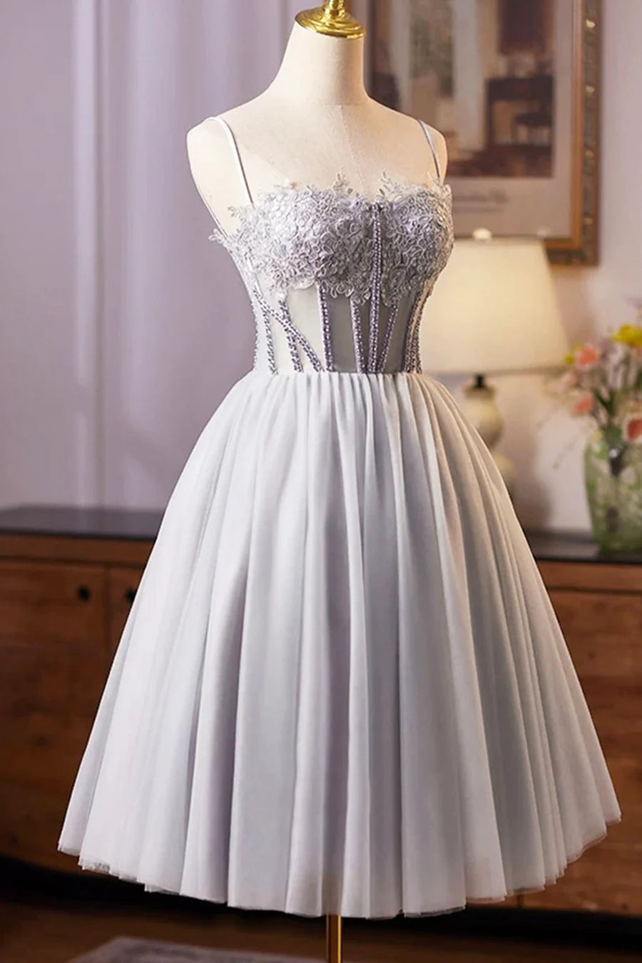 Gray Tulle Lace Spaghetti Straps Short Prom Dress A-Line Evening Party Dress With Applique
