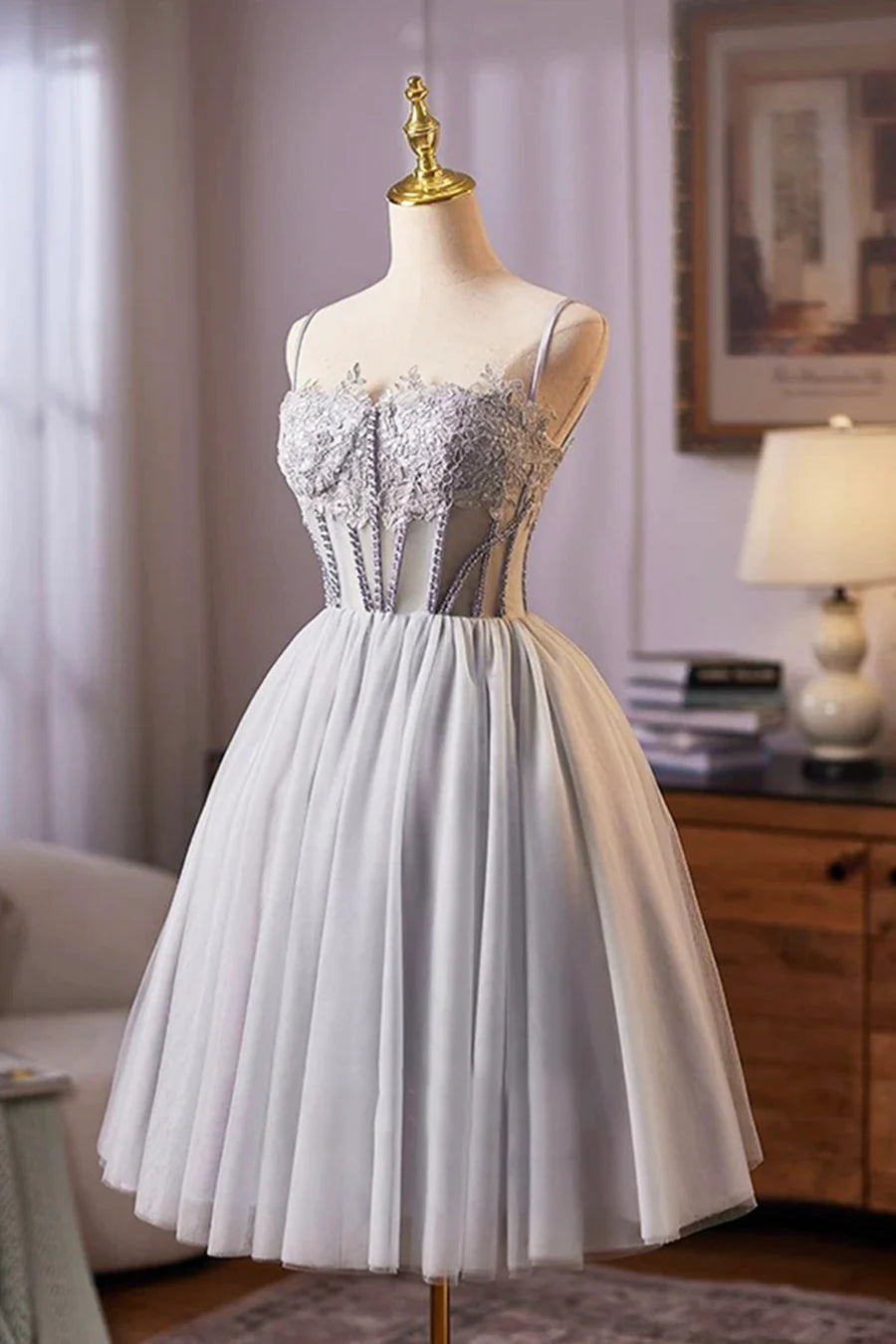 Gray Tulle Lace Spaghetti Straps Short Prom Dress A-Line Evening Party Dress With Applique