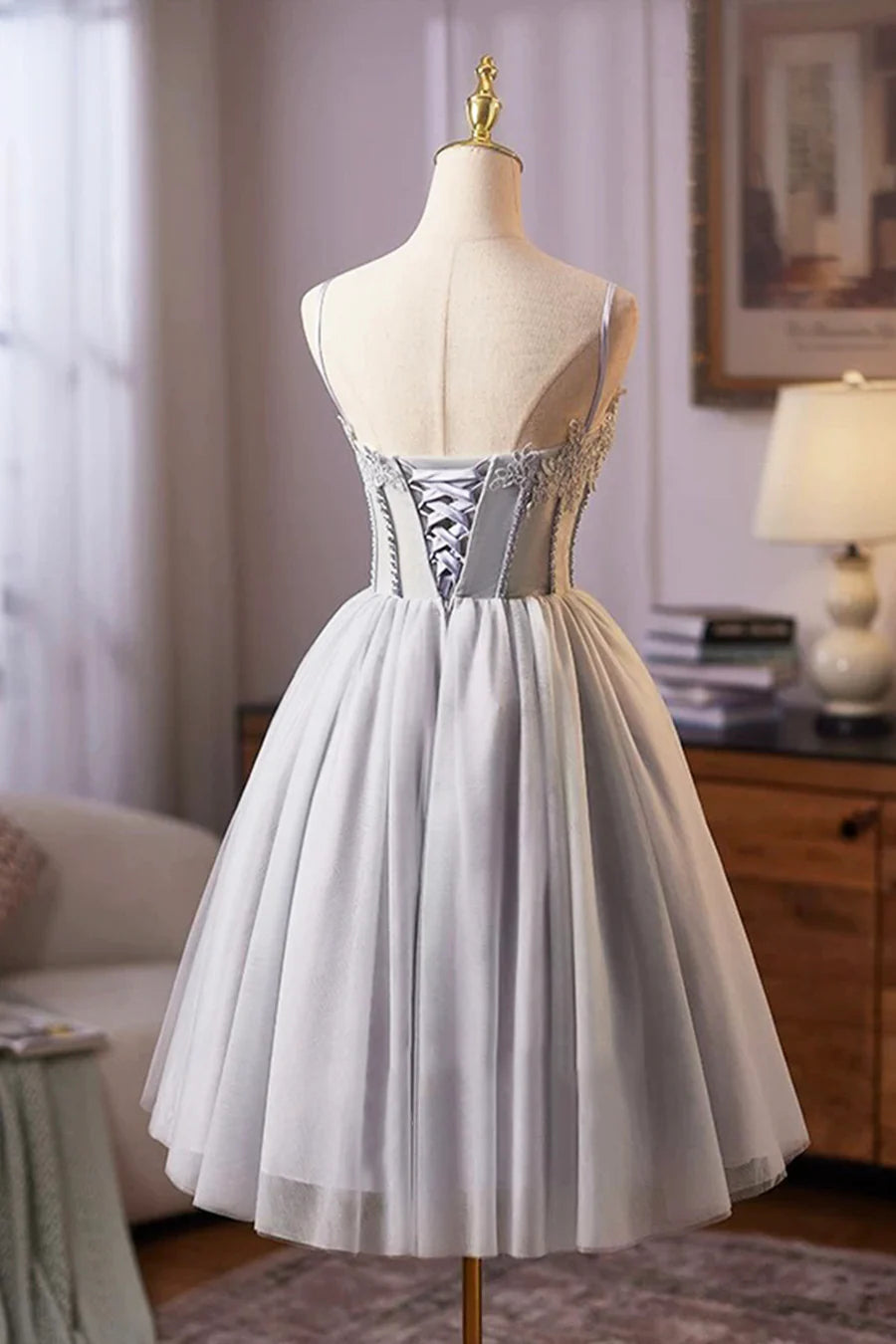 Gray Tulle Lace Spaghetti Straps Short Prom Dress A-Line Evening Party Dress With Applique