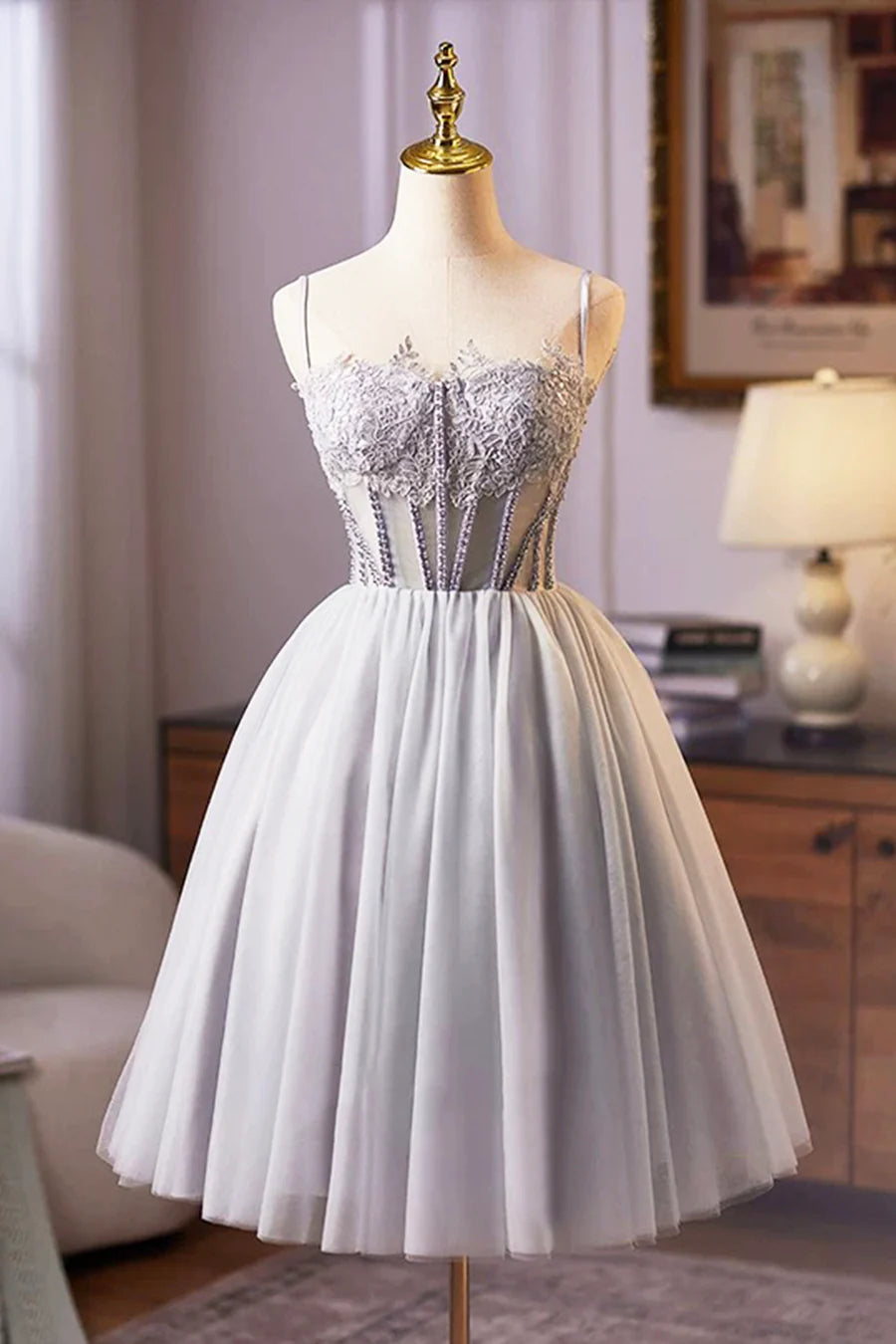 Gray Tulle Lace Spaghetti Straps Short Prom Dress A-Line Evening Party Dress With Applique