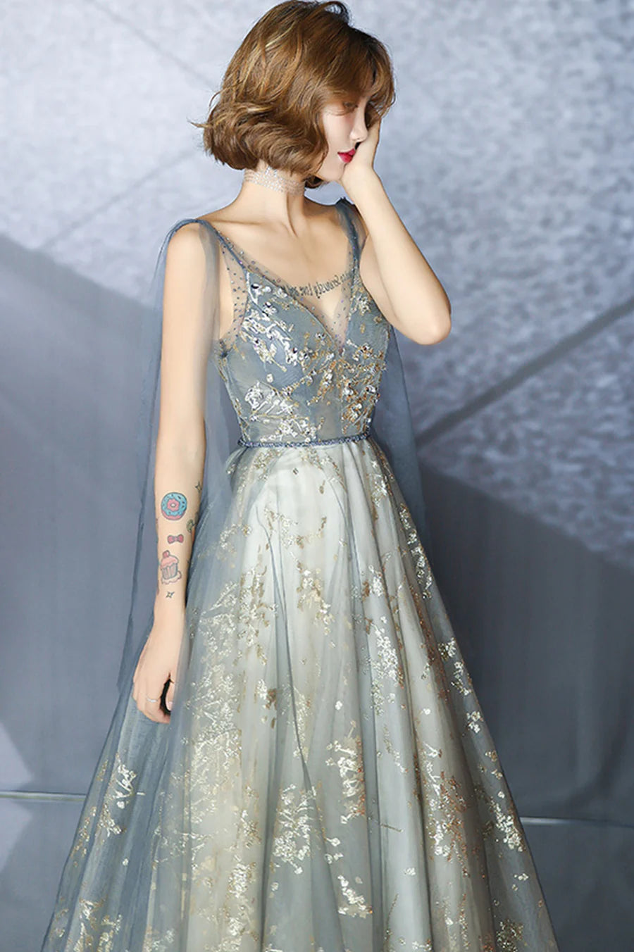 Gray Tulle Sequins A-Line Long Prom Dress Evening Party Dress