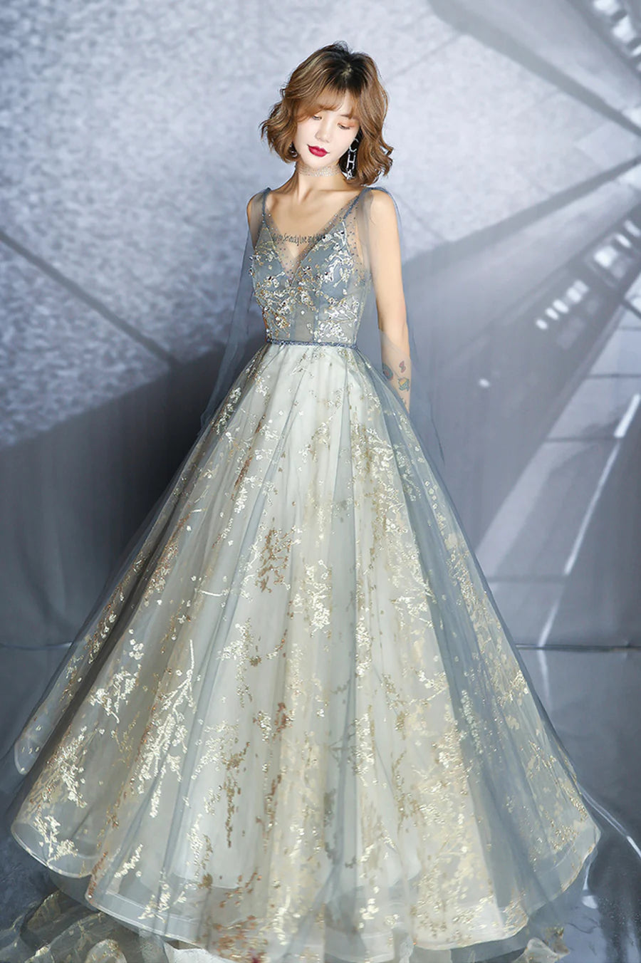 Gray Tulle Sequins A-Line Long Prom Dress Evening Party Dress
