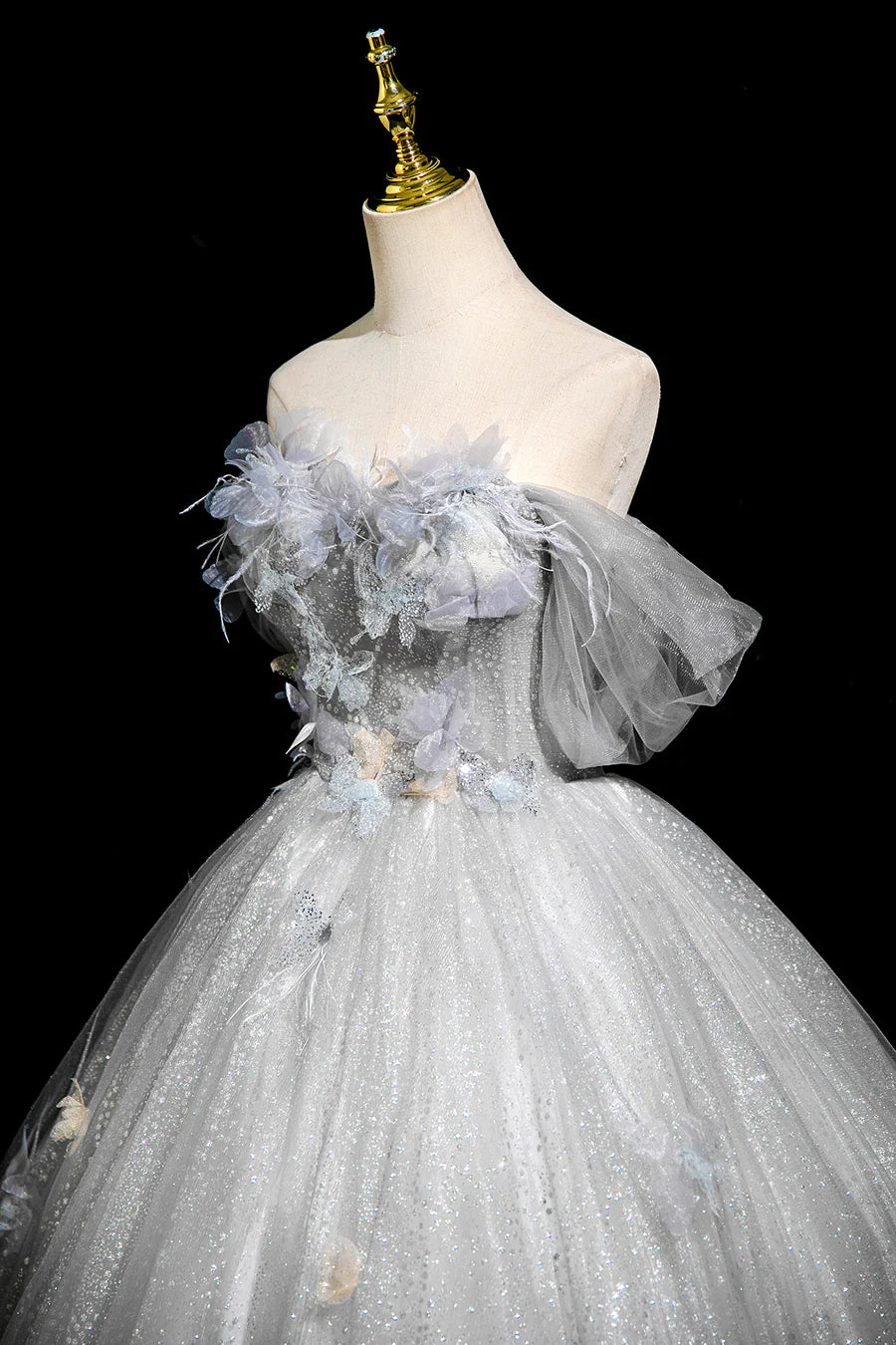 Gray Tulle Sequins Applique Off the Shoulder Long Prom Dress Party Dress