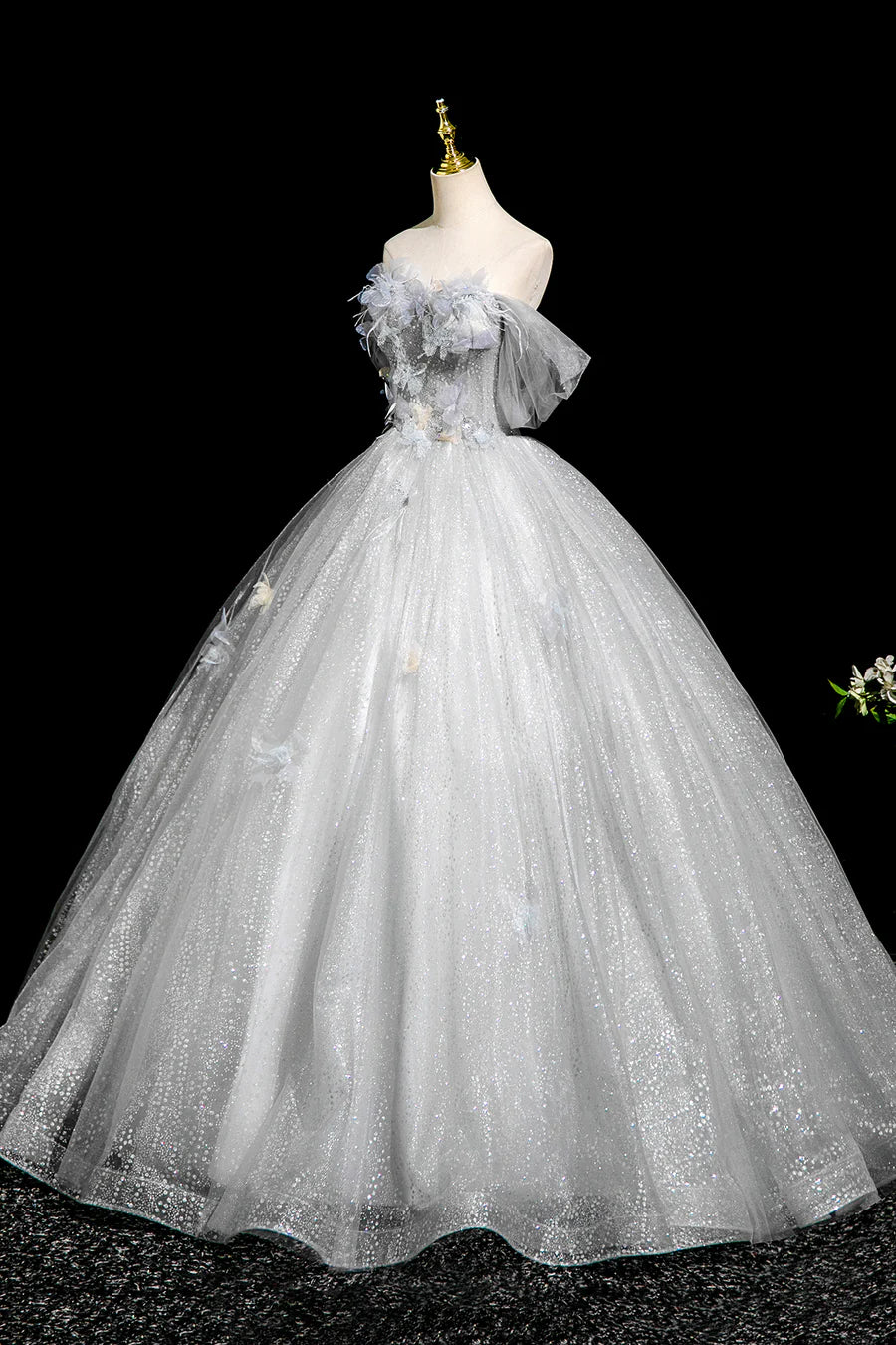 Gray Tulle Sequins Applique Off the Shoulder Long Prom Dress Party Dress