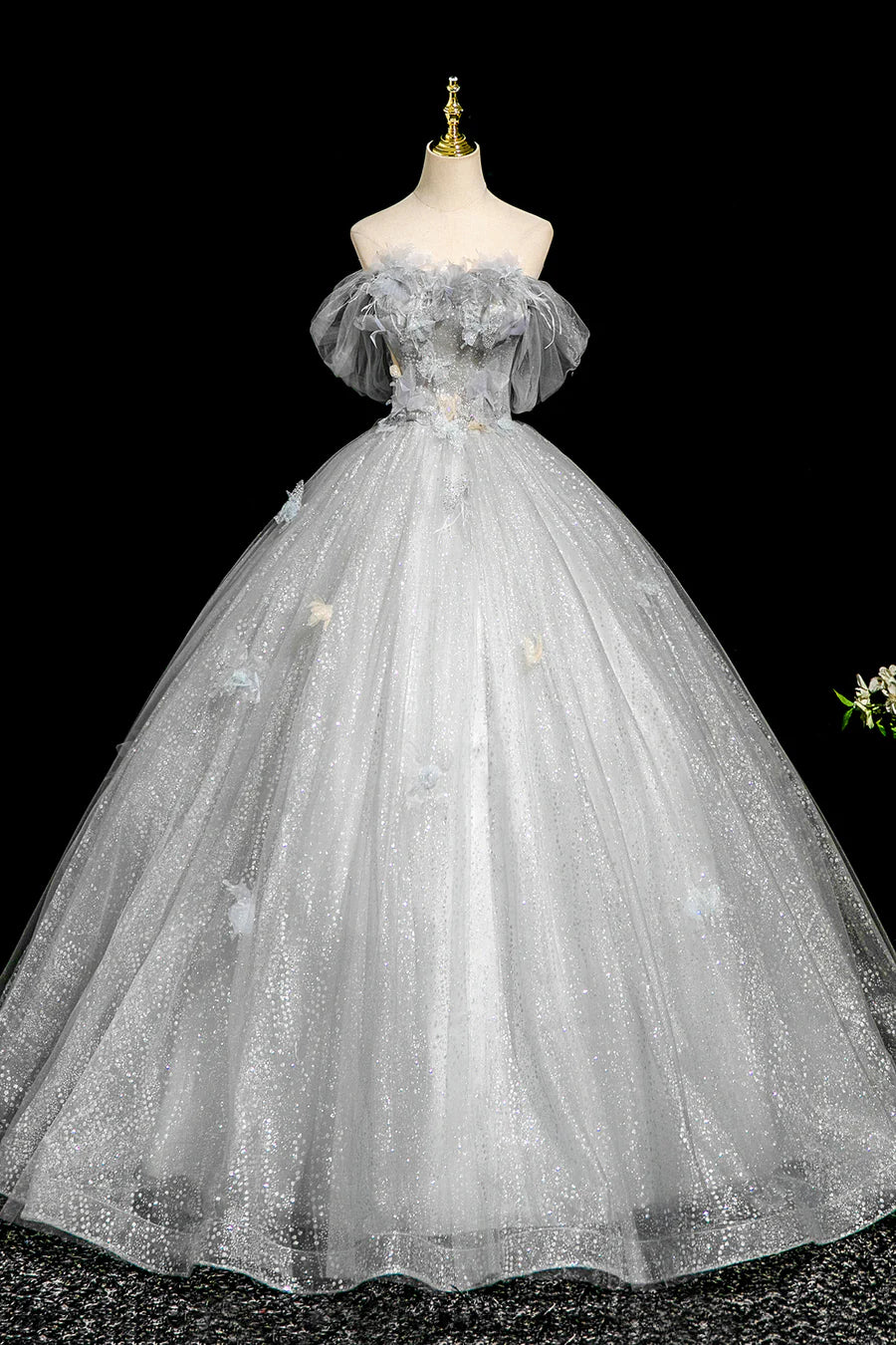 Gray Tulle Sequins Applique Off the Shoulder Long Prom Dress Party Dress