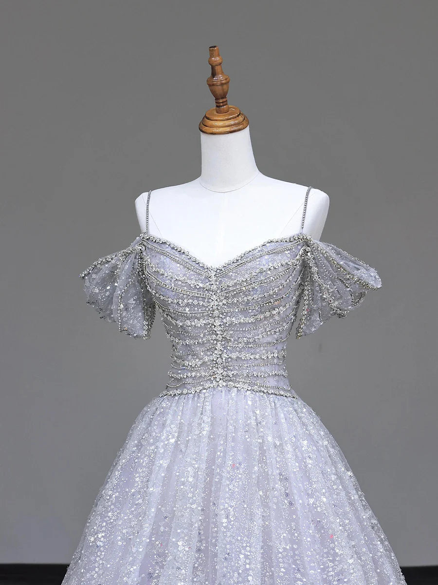 Gray Tulle Sequins Beaded Spaghetti Straps Floor Length Long Prom Dress Party Evening Dress