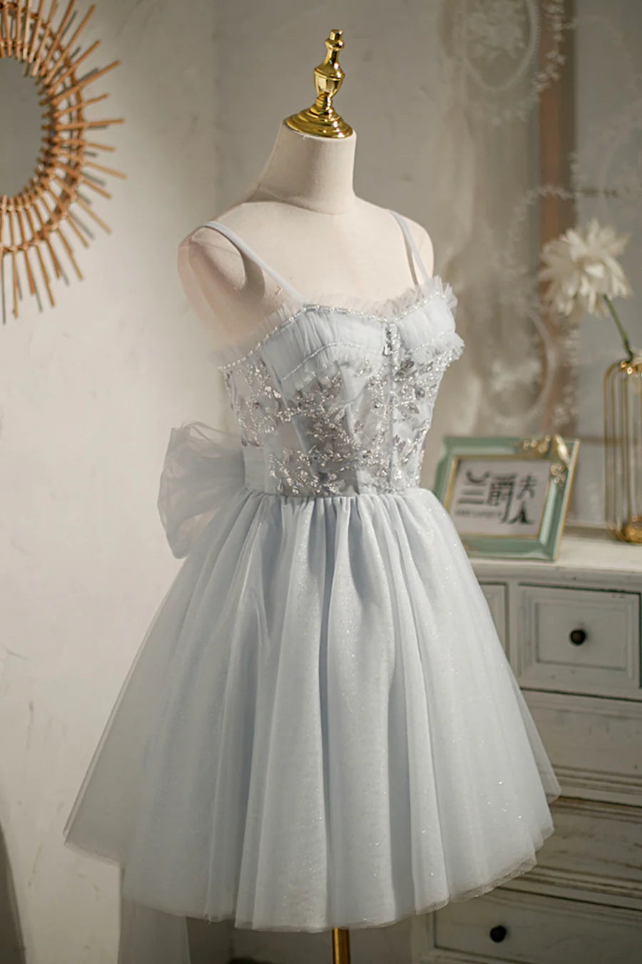 Gray Tulle Sequins Bow Spaghetti Straps Short A-Line Prom Dress Cute Homecoming Party Dress