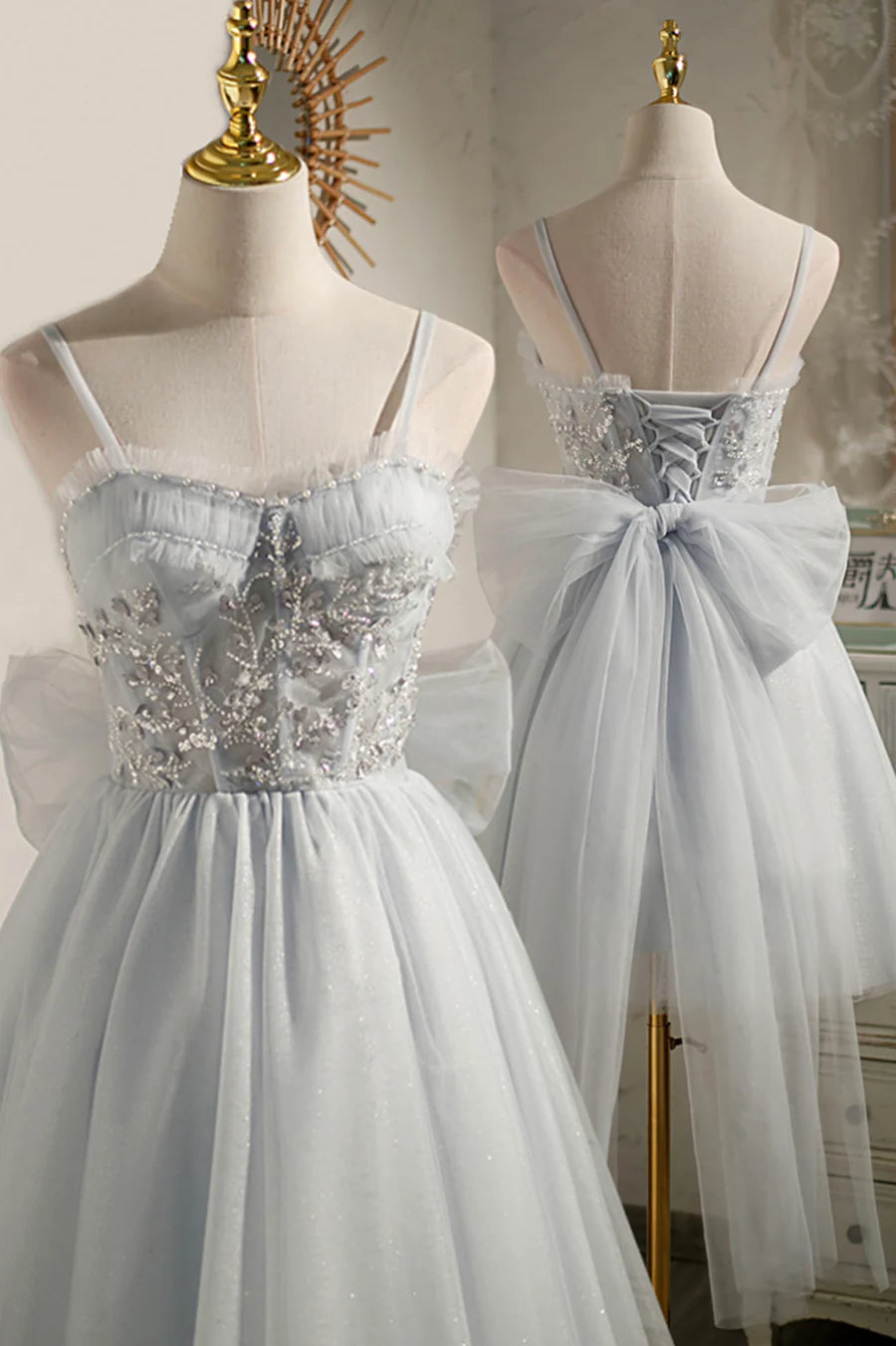 Gray Tulle Sequins Bow Spaghetti Straps Short A-Line Prom Dress Cute Homecoming Party Dress
