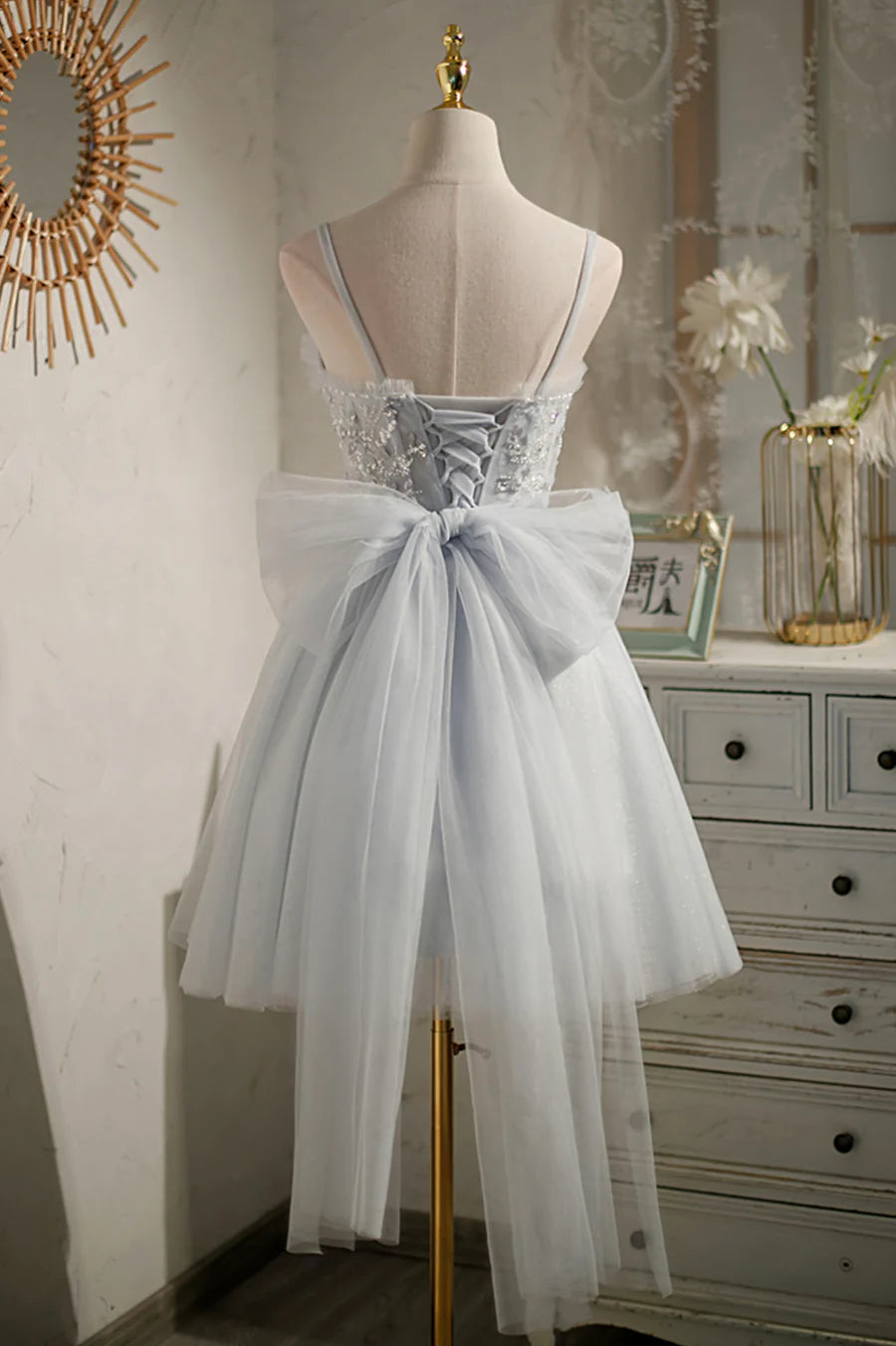 Gray Tulle Sequins Bow Spaghetti Straps Short A-Line Prom Dress Cute Homecoming Party Dress