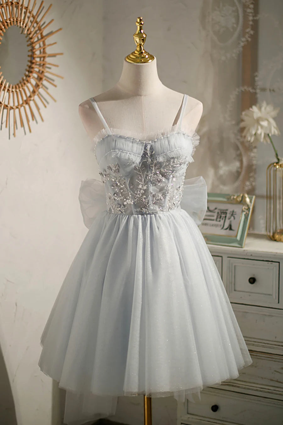 Gray Tulle Sequins Bow Spaghetti Straps Short A-Line Prom Dress Cute Homecoming Party Dress