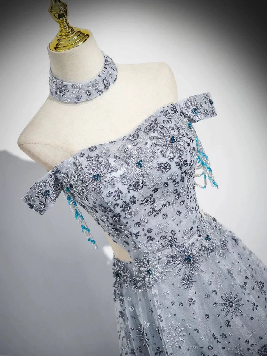 Gray Tulle Sequins Waist Hollow Off the Shoulder Long Prom Dress Evening Party Dress