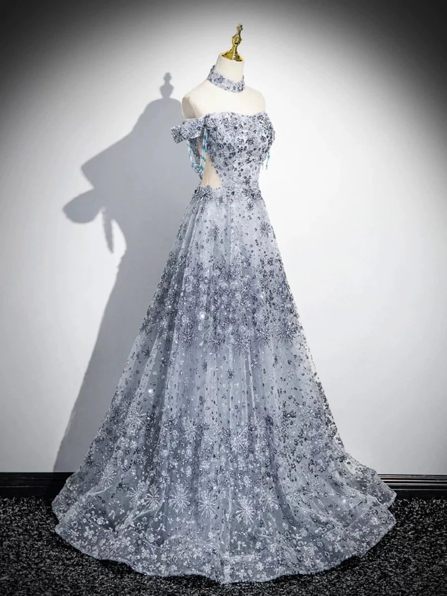 Gray Tulle Sequins Waist Hollow Off the Shoulder Long Prom Dress Evening Party Dress