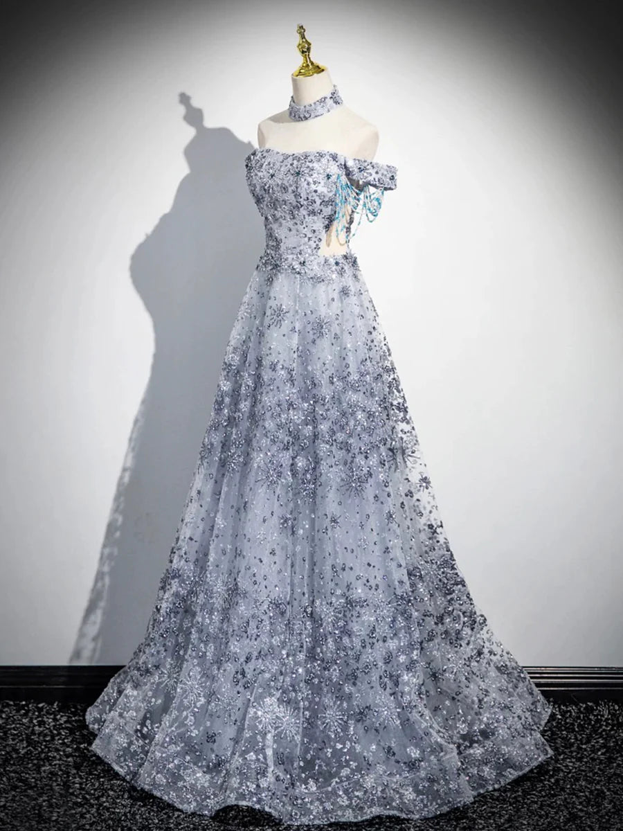 Gray Tulle Sequins Waist Hollow Off the Shoulder Long Prom Dress Evening Party Dress