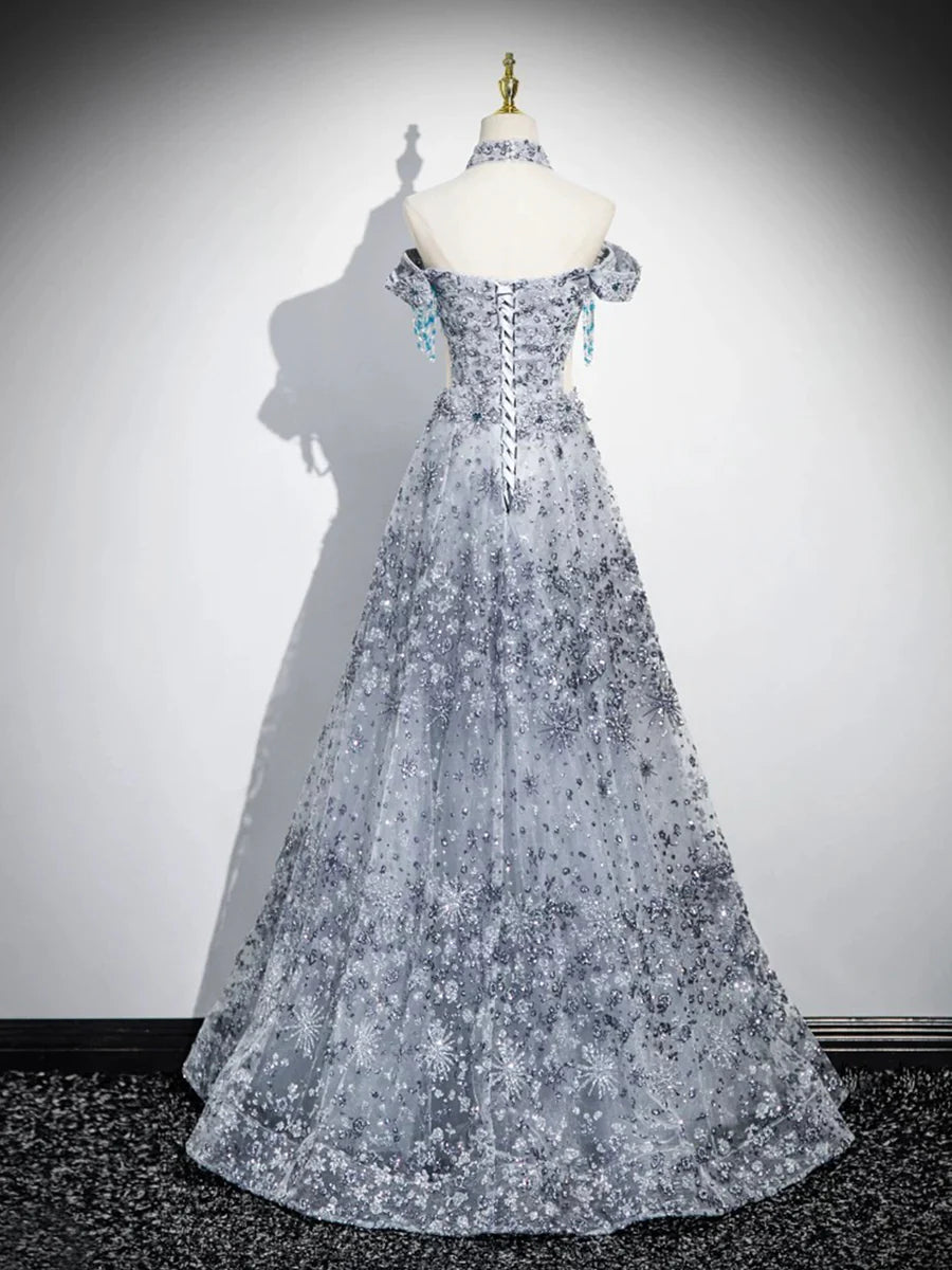 Gray Tulle Sequins Waist Hollow Off the Shoulder Long Prom Dress Evening Party Dress