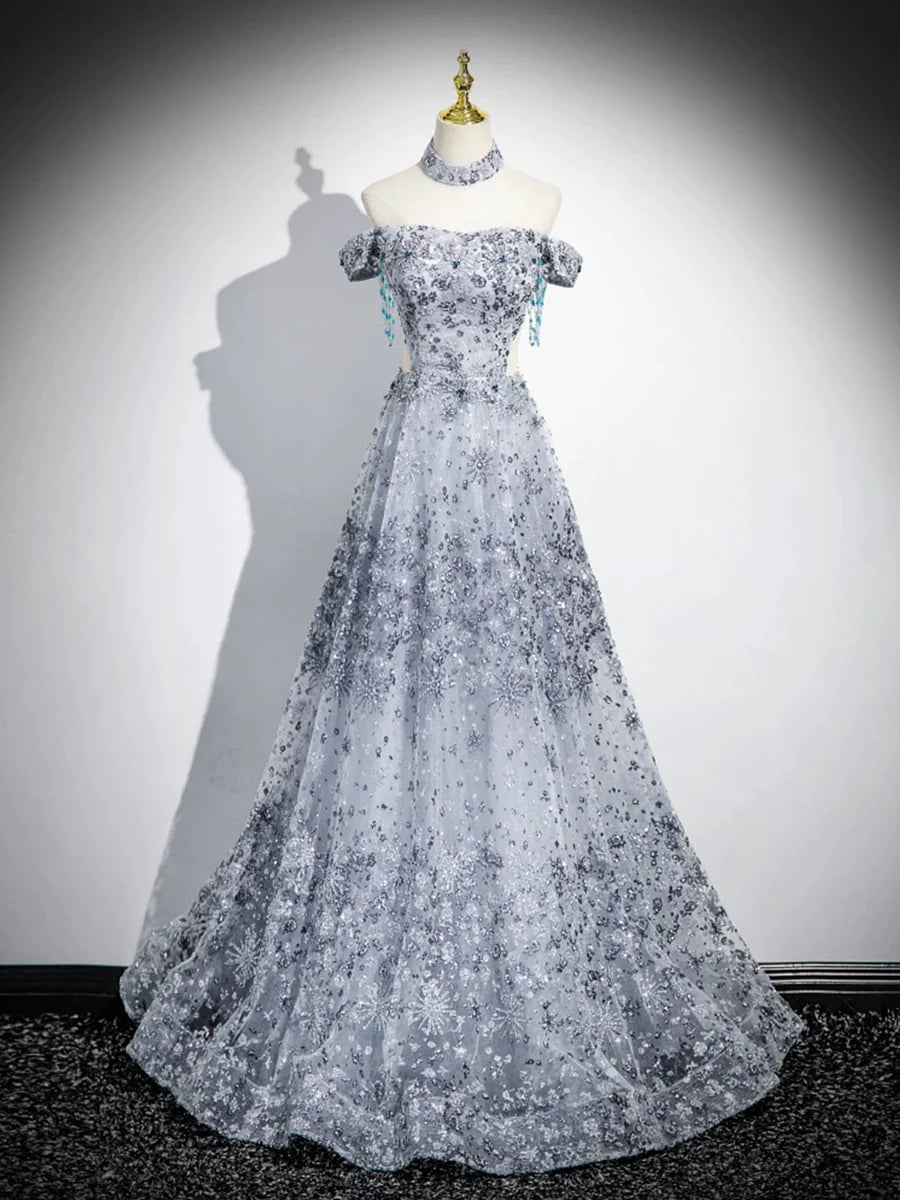 Gray Tulle Sequins Waist Hollow Off the Shoulder Long Prom Dress Evening Party Dress