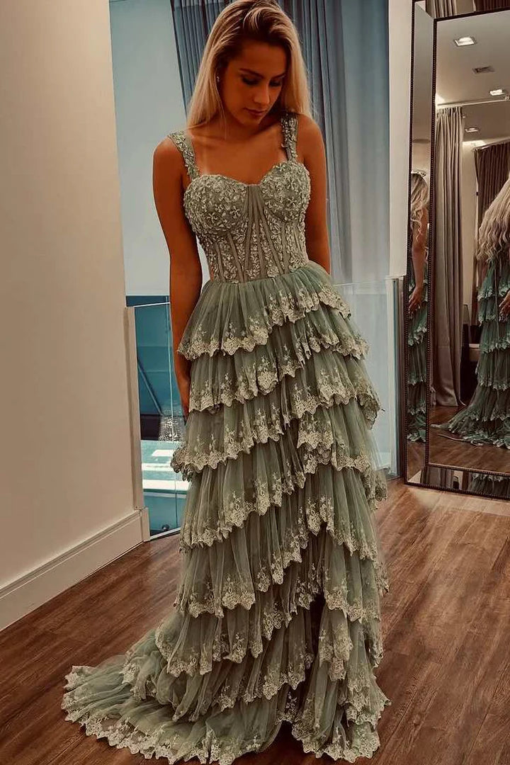 Green A-Line Empire-Waist Straps Layered Appliques Sleeveless Long Prom Dress