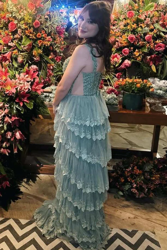 Green A-Line Empire-Waist Straps Layered Appliques Sleeveless Long Prom Dress