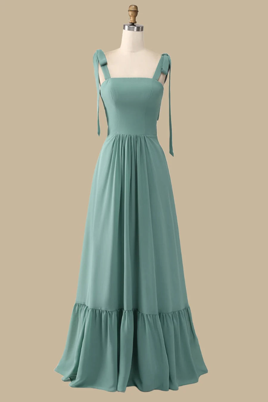 Green Chiffon A-Line with Bow Straps Maxi Dress Bridesmaid Dresses
