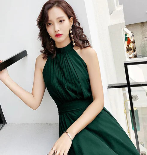 Green Chiffon High Neckline High Low Bridesmaid Dress Party Dress Homecoming Dress