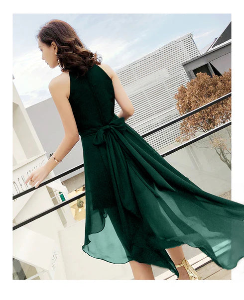 Green Chiffon High Neckline High Low Bridesmaid Dress Party Dress Homecoming Dress