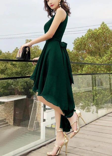 Green Chiffon High Neckline High Low Bridesmaid Dress Party Dress Homecoming Dress
