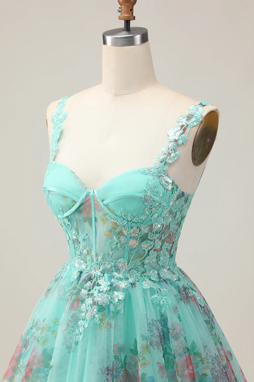 Green Floral Sequins Applique Corset A-Line Short Homecoming Party Dress With Lace Up Back