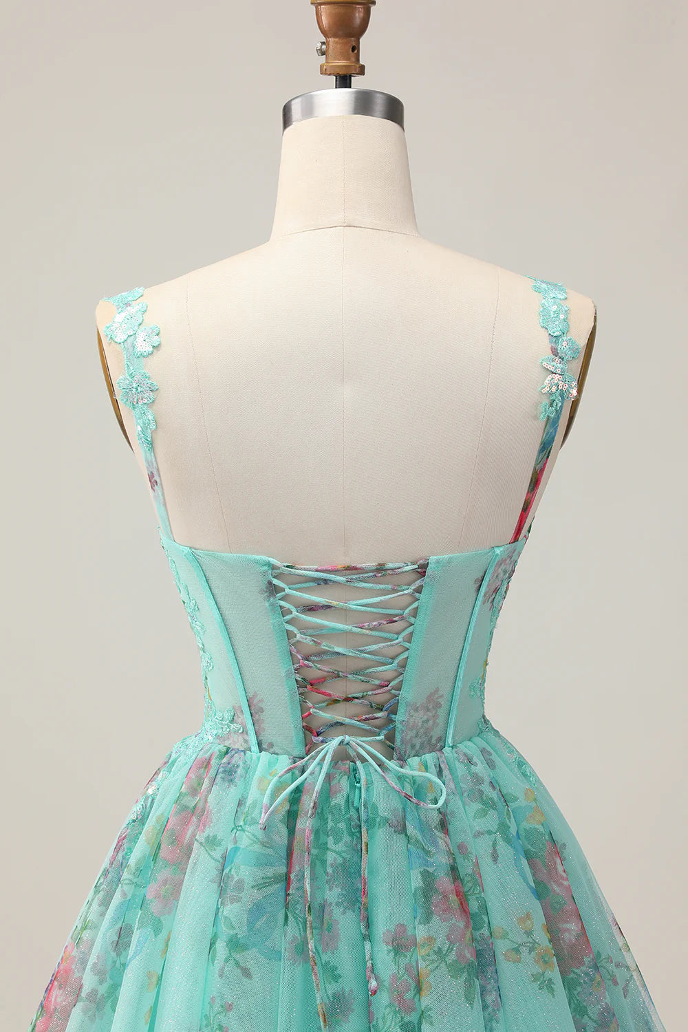 Green Floral Sequins Applique Corset A-Line Short Homecoming Party Dress With Lace Up Back