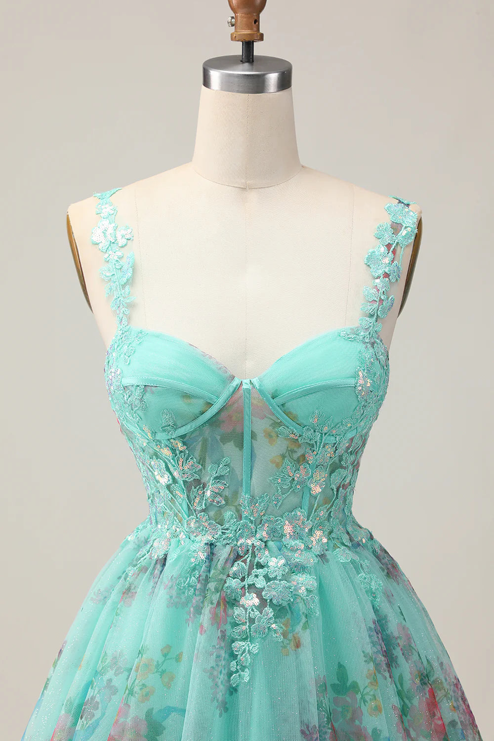 Green Floral Sequins Applique Corset A-Line Short Homecoming Party Dress With Lace Up Back