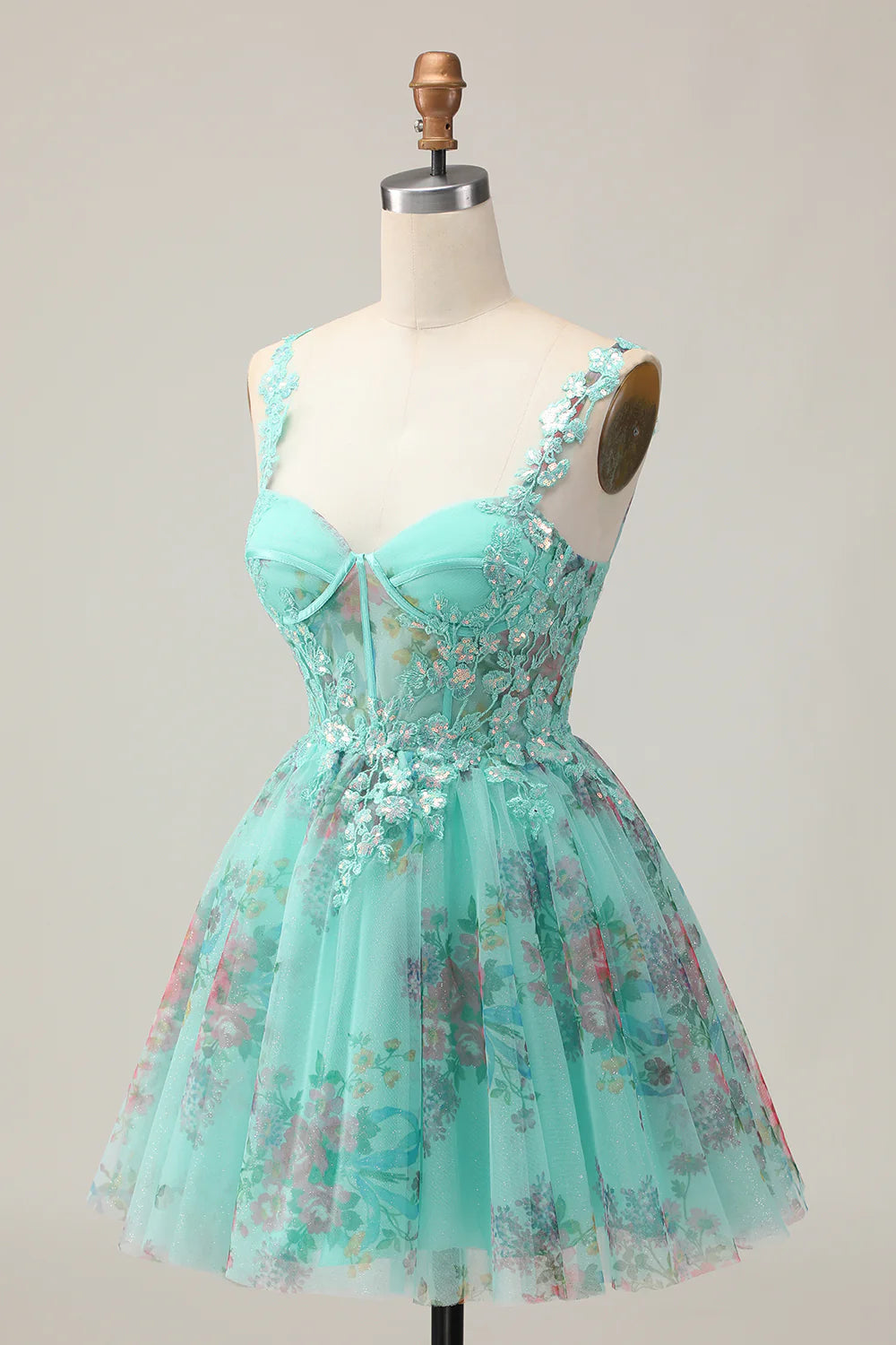 Green Floral Sequins Applique Corset A-Line Short Homecoming Party Dress With Lace Up Back