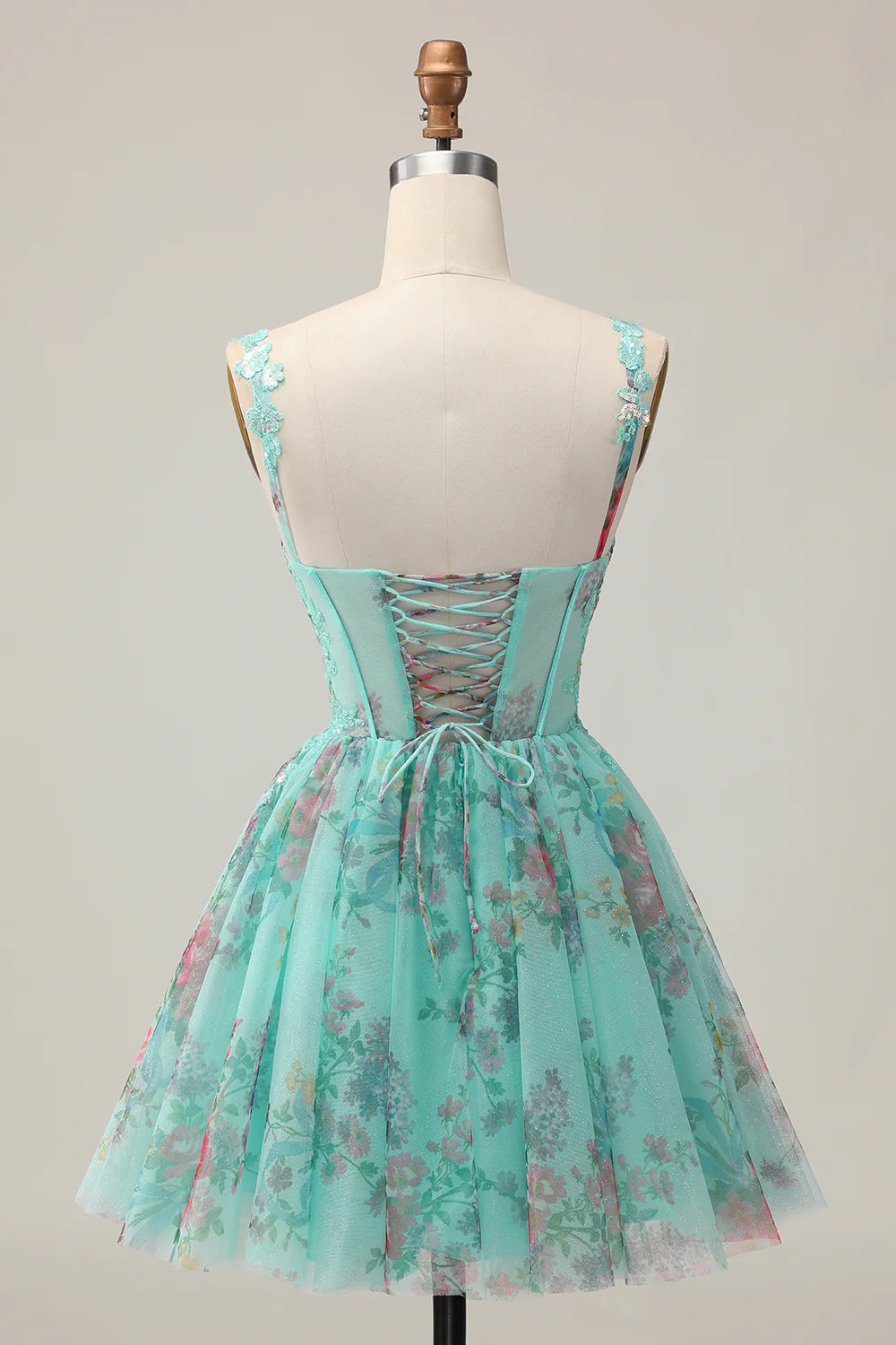 Green Floral Sequins Applique Corset A-Line Short Homecoming Party Dress With Lace Up Back