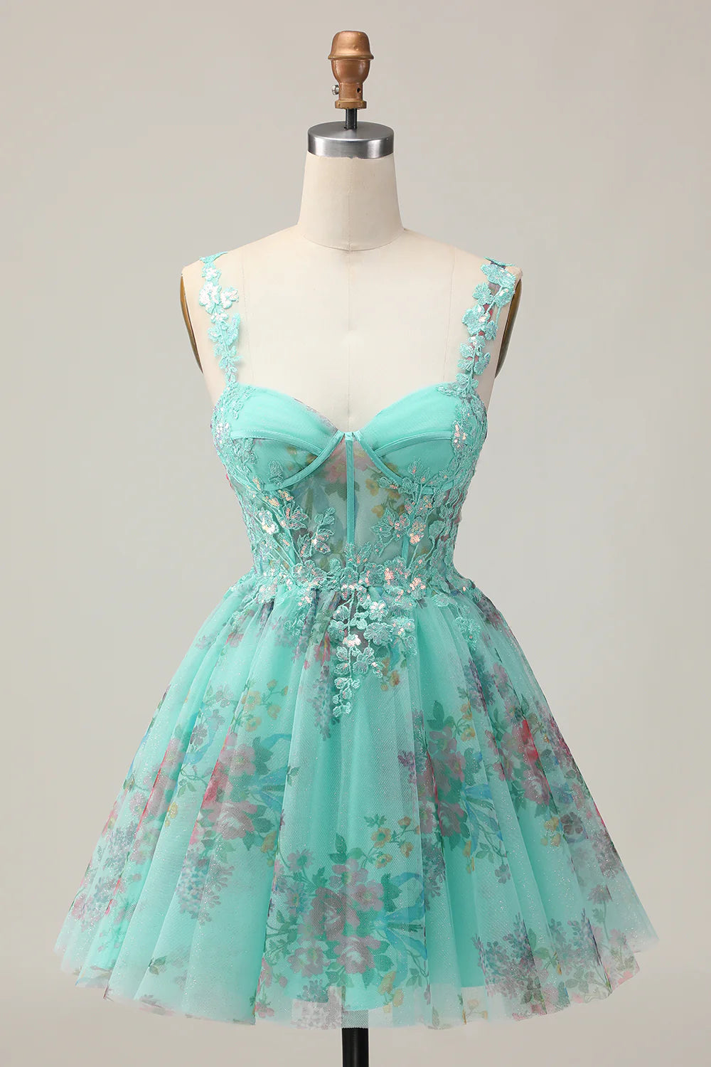 Green Floral Sequins Applique Corset A-Line Short Homecoming Party Dress With Lace Up Back