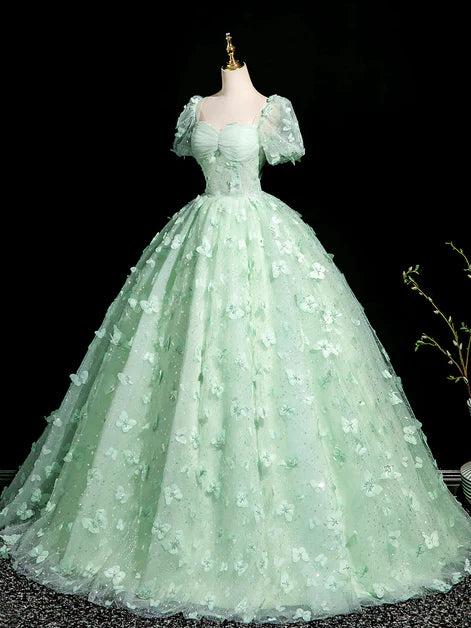 Green Lace With Applique Short sleeve Long Formal Dress Evening Dress Party Dress