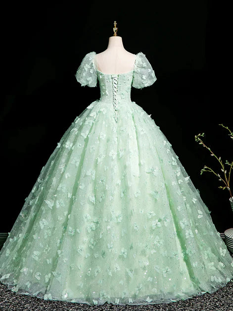 Green Lace With Applique Short sleeve Long Formal Dress Evening Dress Party Dress