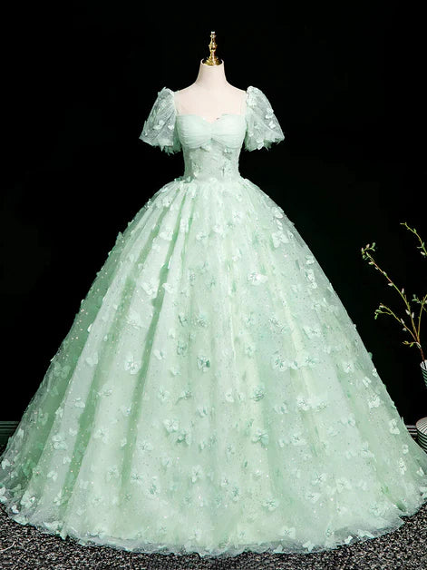 Green Lace With Applique Short sleeve Long Formal Dress Evening Dress Party Dress
