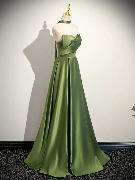 Green Long A-line Satin Off Shoulder Simple Evening Dress Prom Dress Formal Dress
