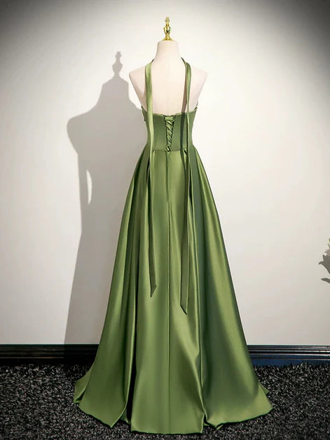 Green Long A-line Satin Off Shoulder Simple Evening Dress Prom Dress Formal Dress