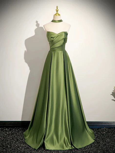 Green Long A-line Satin Off Shoulder Simple Evening Dress Prom Dress Formal Dress