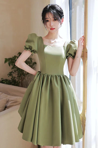 Green Puff Sleeve Square Neck Short Party Dress Prom Dress Homecoming Dress